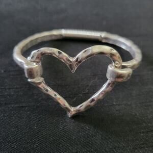 Hammered Silver Tone Heart Shaped Boho Bangle Bracelet